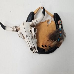 Decorative Bull Skull with Feathers